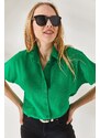 Olalook Women's Grass Green Bat Oversize Linen Shirt