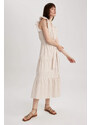 DEFACTO Wrap Collar Striped Linen Look Butterfly Sleeve Midi Short Sleeve Dress