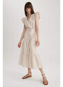 DEFACTO Wrap Collar Striped Linen Look Butterfly Sleeve Midi Short Sleeve Dress