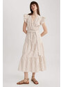 DEFACTO Wrap Collar Striped Linen Look Butterfly Sleeve Midi Short Sleeve Dress