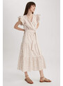 DEFACTO Wrap Collar Striped Linen Look Butterfly Sleeve Midi Short Sleeve Dress