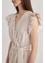 DEFACTO Wrap Collar Striped Linen Look Butterfly Sleeve Midi Short Sleeve Dress