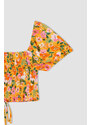 DEFACTO Slim Fit Short Balloon Sleeves Floral Print Crop Top