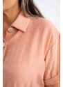 DEFACTO Košilový límec Lněný vzhled Midi šaty s krátkým rukávem