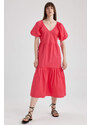 DEFACTO V-Neck Poplin Raglan Sleeve Midi Dress