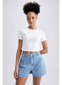 DEFACTO Mom Fit High Waist Cropped Cut High Leg Jean Shorts