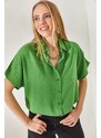 Olalook Women's Peanut Green Bat Oversize Linen Shirt