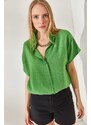 Olalook Women's Peanut Green Bat Oversize Linen Shirt