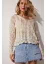 Happiness İstanbul Women's Cream V Neck Openwork Knitwear Blouse