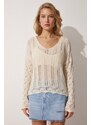 Happiness İstanbul Women's Cream V Neck Openwork Knitwear Blouse