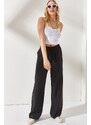 Olalook Women's Black Elastic Waist and Lace Palazzo Linen Pants