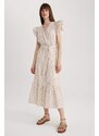 DEFACTO Wrap Collar Striped Linen Look Butterfly Sleeve Midi Short Sleeve Dress