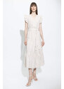 DEFACTO Wrap Collar Striped Linen Look Butterfly Sleeve Midi Short Sleeve Dress