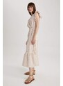 DEFACTO Wrap Collar Striped Linen Look Butterfly Sleeve Midi Short Sleeve Dress