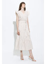 DEFACTO Wrap Collar Striped Linen Look Butterfly Sleeve Midi Short Sleeve Dress