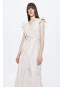 DEFACTO Wrap Collar Striped Linen Look Butterfly Sleeve Midi Short Sleeve Dress