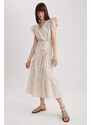 DEFACTO Wrap Collar Striped Linen Look Butterfly Sleeve Midi Short Sleeve Dress