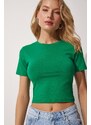 Happiness İstanbul Women's Green Crew Neck Crop T-Shirt