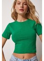 Happiness İstanbul Women's Green Crew Neck Crop T-Shirt