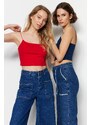 Trendyol Navy Blue-Red 2-Pack Cotton Spaghetti Straps Crop, Stretchy Knit Undershirt