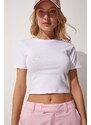 Happiness İstanbul Women's White Crew Neck Crop T-Shirt