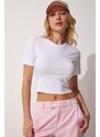 Happiness İstanbul Women's White Crew Neck Crop T-Shirt