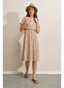Bigdart 2378 V-Neck Knitted Dress with Slits - Biscuit