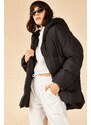 Bianco Lucci Women's Black Oversized Down Coat with Large Double Pockets Hooded