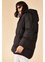 Bianco Lucci Women's Black Oversized Down Coat with Large Double Pockets Hooded