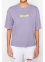 Trendyol Lilac 100% Cotton Slogan Printed Relaxed Crewneck Knitted T-Shirt