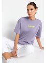 Trendyol Lilac 100% Cotton Slogan Printed Relaxed Crewneck Knitted T-Shirt