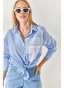 Olalook Bebe Blue Pocket Detailed Oversized Woven Shirt