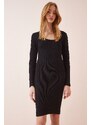 Happiness İstanbul Women's Black Square Collar Lycra Corded Knitted Dress