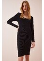 Happiness İstanbul Women's Black Square Collar Lycra Corded Knitted Dress