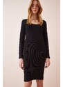 Happiness İstanbul Women's Black Square Collar Lycra Corded Knitted Dress