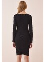 Happiness İstanbul Women's Black Square Collar Lycra Corded Knitted Dress