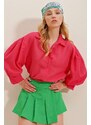 Trend Alaçatı Stili Women's Fuchsia Balloon Sleeve Basic Poplin Shirt with Concealed Pop-up