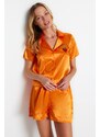 Trendyol Orange Embroidered Satin Shirt-Short Woven Pajamas Set