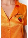 Trendyol Orange Embroidered Satin Shirt-Short Woven Pajamas Set