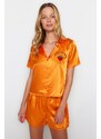 Trendyol Orange Embroidered Satin Shirt-Short Woven Pajamas Set