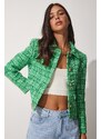 Happiness İstanbul Women's Green Gold Buttoned Tweed Woven Jacket