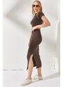 Olalook Women's Bitter Brown Short Sleeved Lycra Suit with a Slit and Skirt