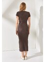 Olalook Women's Bitter Brown Short Sleeved Lycra Suit with a Slit and Skirt