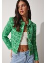 Happiness İstanbul Women's Green Gold Buttoned Tweed Woven Jacket