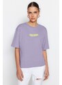 Trendyol Lilac 100% Cotton Slogan Printed Relaxed Crewneck Knitted T-Shirt