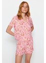 Trendyol Pink Viscose Animal Patterned Shirt-Shorts Woven Pajamas Set