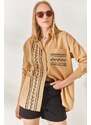 Olalook Camel Pocket Detailed Printed Woven Shirt