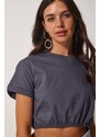 Happiness İstanbul Women's Anthracite Waist Elastic Crop T-Shirt