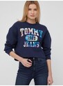 Bavlněná mikina Tommy Jeans dámská, tmavomodrá barva, s potiskem