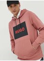 Bavlněná mikina HUGO pánská, růžová barva, s kapucí, s potiskem